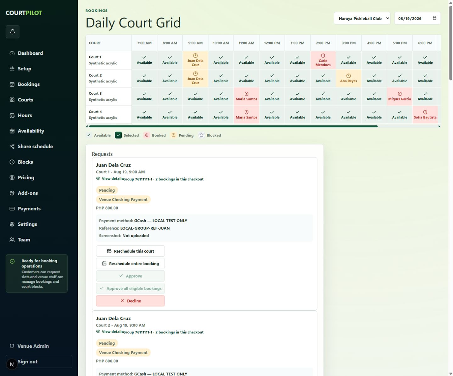 CourtPilot Booking venue admin calendar with court availability and booking requests
