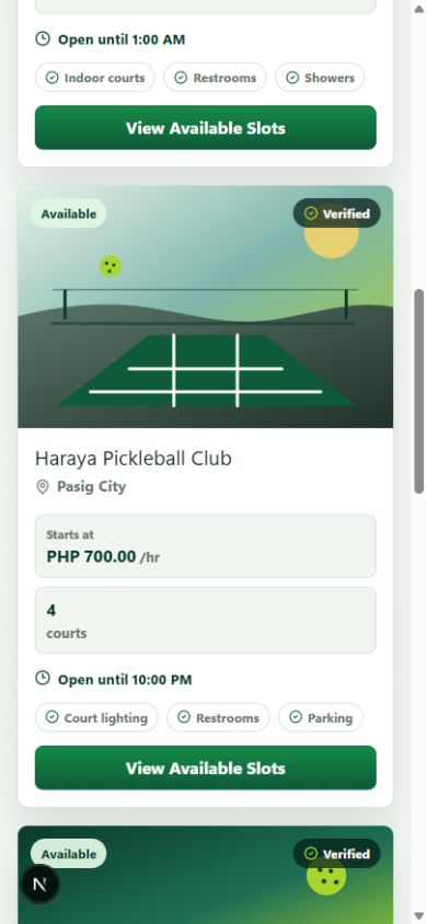 CourtPilot mobile marketplace with bookable venue cards